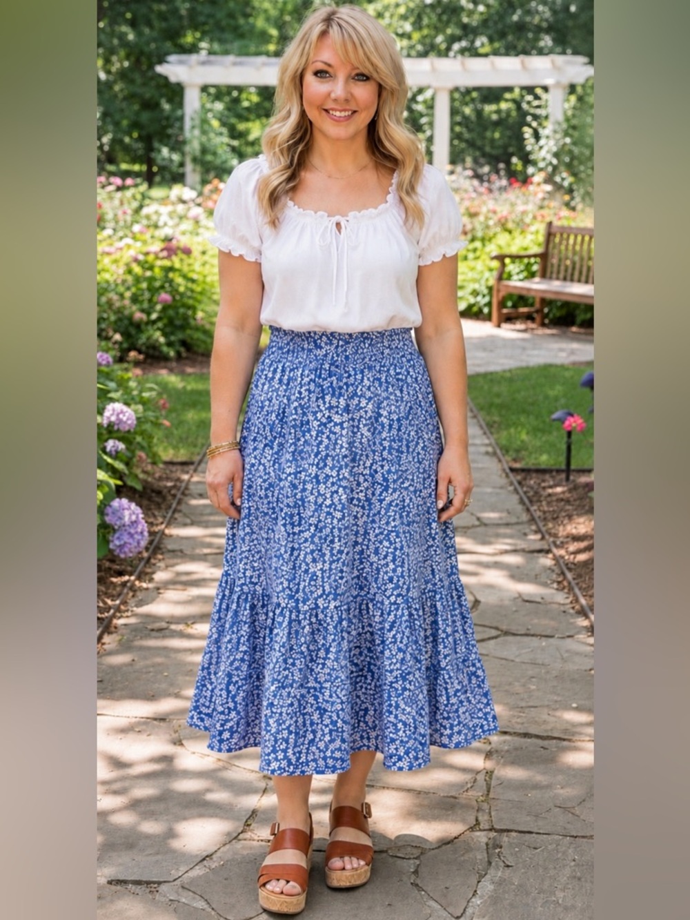 BOGO Outfit Soft White Short-Sleeve Ruffle-Trim Top with Blue Floral Midi Skirt